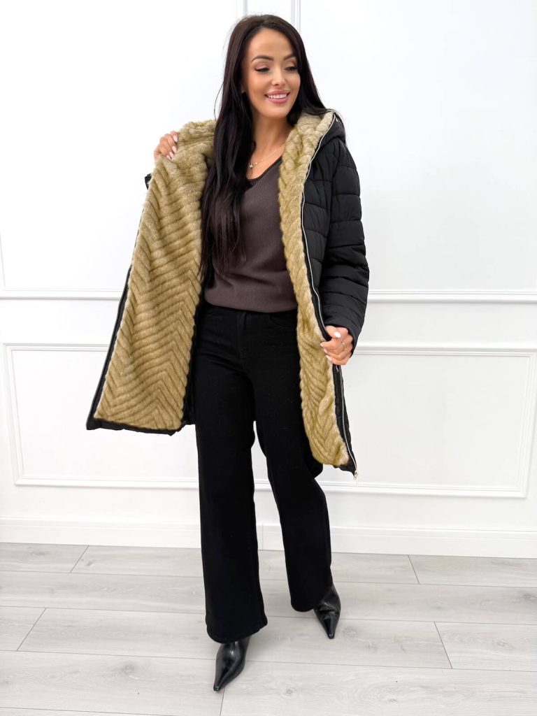 kurtka zimowa damska pikowana czarna ciepła z futerkiem 14379-166-B modna kiecka